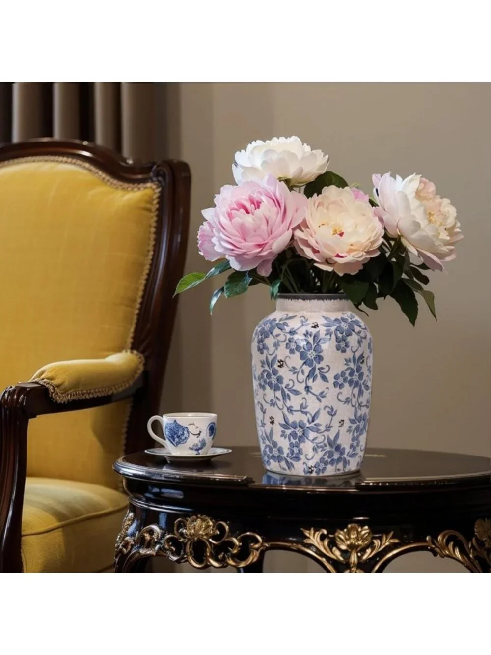 Vintage Blue and White Floral Vase - 9.7